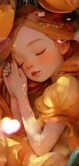 Sleeping girl in a colorful floral setting with dreamlike effect.