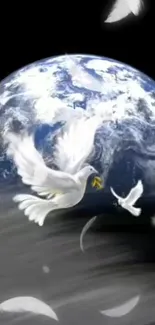 White doves flying over Earth with a cosmic black background.