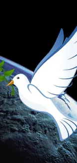 White dove flying over Earth carrying an olive branch, symbolizing peace.