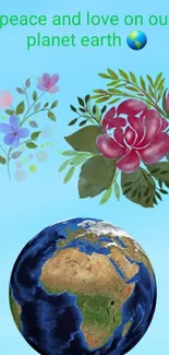 Peaceful floral and Earth wallpaper with sky blue background.