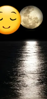 Calm ocean with emoji and moon reflection in darkness.