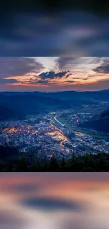 Valley and river landscape at sunset with colorful evening sky.