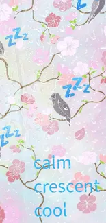 Calming wallpaper with birds and pink cherry blossoms on a pastel background.