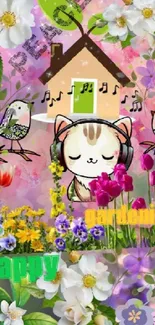 Cute cat in a floral garden with music notes and birds on a vibrant wallpaper.