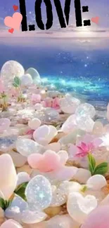 Serene ocean with flowers and sparkling stones.