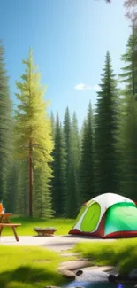 Mobile wallpaper of a green tent in a lush forest campsite.