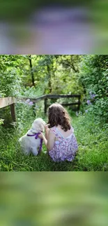 Girl and dog sitting in a verdant forest path, surrounded by lush greenery.