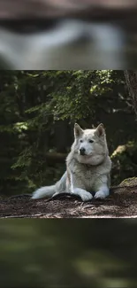 Dog resting peacefully in a lush forest setting on a mobile wallpaper.