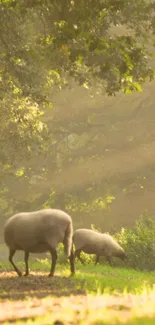 Sheep grazing in a sunlit forest with lush greenery.