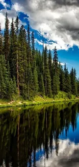 Peaceful forest reflected on a calm lake under a cloudy blue sky.