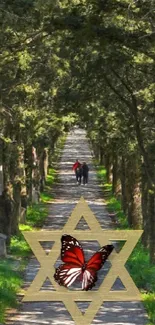 Serene forest path with lush greenery and symbolic centerpiece.