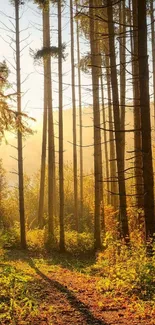 Serene sunlit forest path with autumn colors.