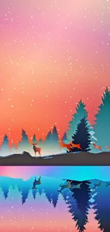 Forest wallpaper with vibrant sunset reflection and starry sky.