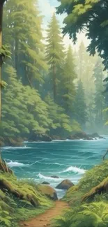 Serene forest river with tall trees