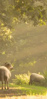 Sheep grazing peacefully in a sun-dappled forest path.