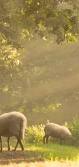 Sheep peacefully grazing in a sunlit forest path, surrounded by lush greenery.