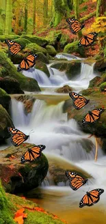 Forest waterfall with monarch butterflies fluttering around lush greenery.