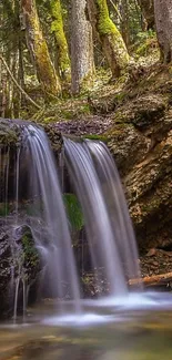 Serene waterfall in a lush forest setting, perfect for mobile wallpaper.