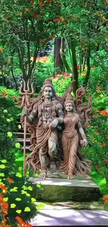 Mythological statues in lush green forest setting.