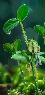 Two frogs enjoying rain on green leaves.