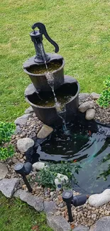 A tranquil garden fountain with lush greenery and stones, perfect for mobile wallpaper.