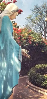 A blue statue in a colorful garden with a white cross under a clear sky.