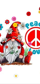 Colorful gnome with peace sign and flowers illustration.