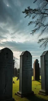 Serene graveyard at dusk with tombstones and moody sky.