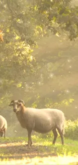 Peaceful sheep grazing amid sunlit forest setting.