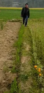 Person walking through lush green field with flowers.