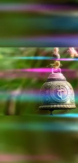 Serene hanging bell with colorful light streaks on green background.