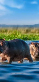 Hippos standing calmly in blue water.