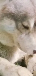 Close-up of a serene husky resting in a natural setting with soft fur.