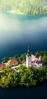 Aerial view of a tranquil island with a church surrounded by a blue lake.