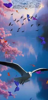 Seagull flying over a serene lake with pink blossoms.