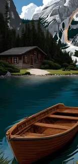 Serene lake view with a wooden boat and cabin amidst mountains.