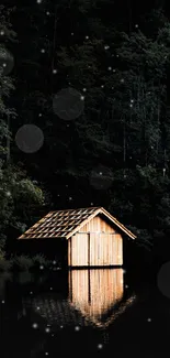 Tranquil lake with a wooden cabin reflected in calm waters, surrounded by forest.