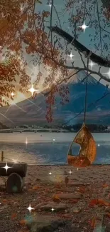 Serene lakeside view with autumn leaves and a hanging chair at sunset.