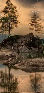 Serene lake with trees at dusk and raindrops on screen.