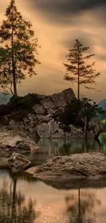 Tranquil lake with lightning and mountains in mobile wallpaper.