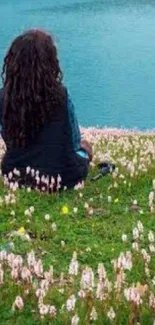 Woman sitting by a tranquil lake surrounded by pink flowers and green fields.