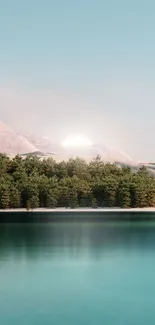 Serene lake at sunrise with mountains and trees reflecting on tranquil waters.