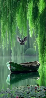 Serene lake wallpaper with a boat and lush greenery reflecting in the water.