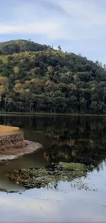 Serene lakeside with lush green hills and calm water reflection.