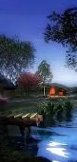 Serene lake and cottage under night sky wallpaper.