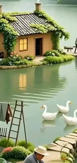 Tranquil lakeside scene with swans and a rustic house.