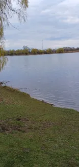 Serene lakeside with green grass and an overcast sky.