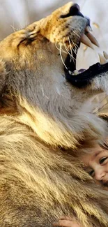 A peaceful scene of a child joyfully hugging a lion in a natural setting.