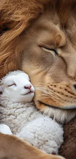 Lion and lamb peacefully resting together.