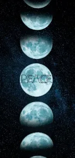 Moon phases with 'Peace' text on starry night background.